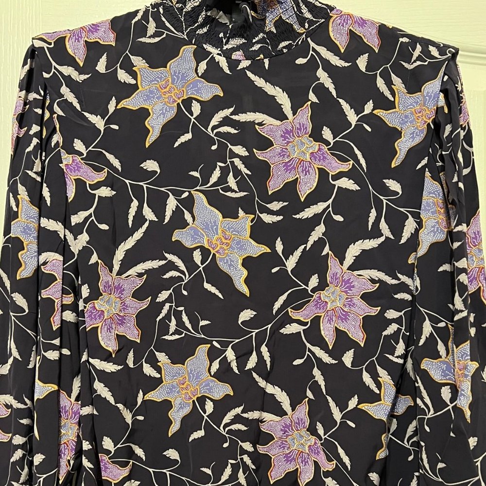 Floral Mock-Neck Blouse in Black with Purple & Blue Flowers
